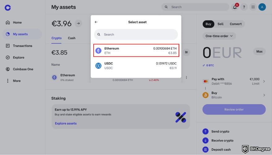 How to transfer crypto from Kraken: select asset on Coinbase.