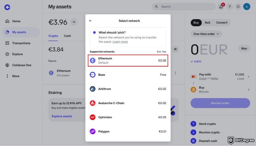 How to transfer crypto from Kraken: select the network on Coinbase.