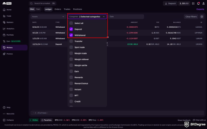 How to transfer crypto from Kraken: select Deposits and/or Withdrawals on Kraken's history.
