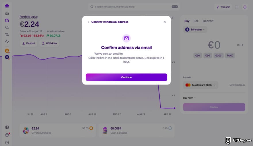 How to transfer crypto from Kraken: confirm the address via email on Kraken.