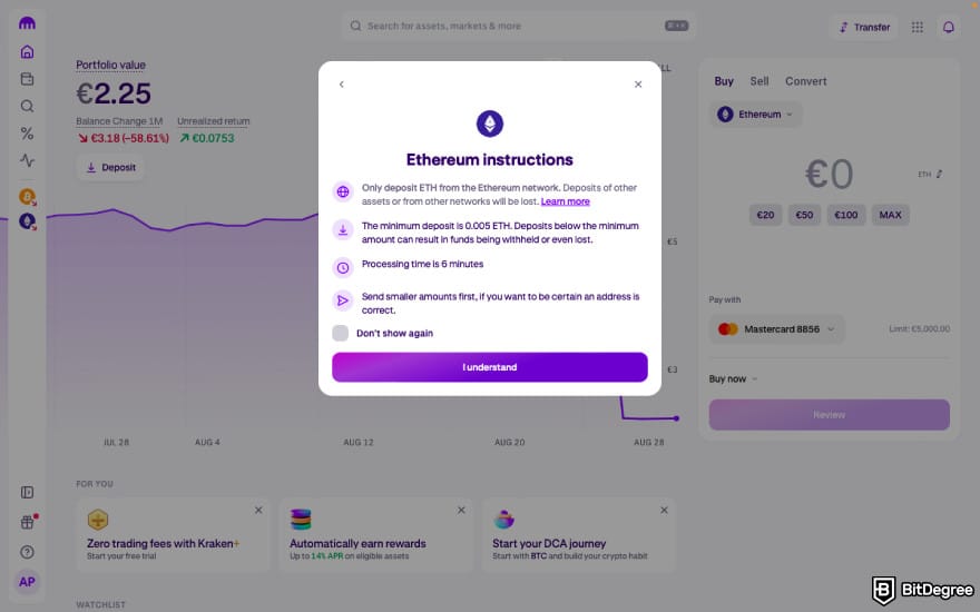 How to transfer crypto from Kraken: click [I understand] on Kraken.