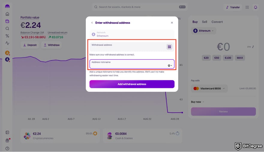 How to transfer crypto from Kraken: paste the address into Kraken.