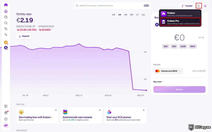 How to transfer crypto from Kraken: click [Kraken Pro].