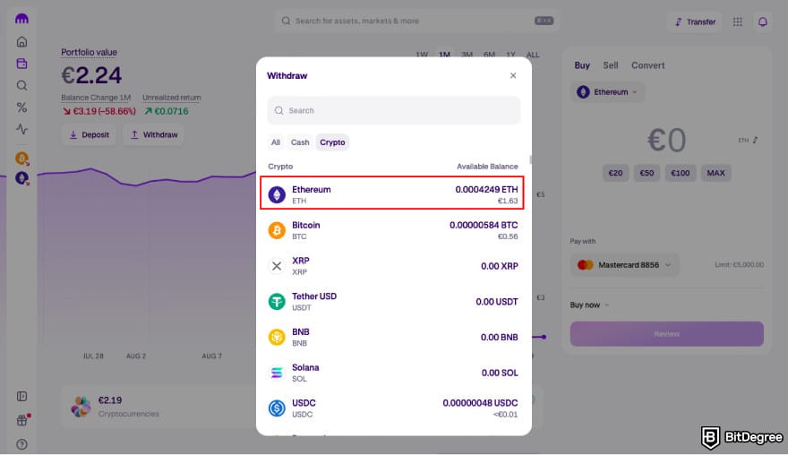 How to transfer crypto from Kraken: select asset on Kraken.