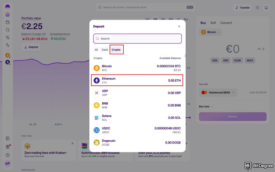 How to transfer crypto from Kraken: select the asset on Kraken.