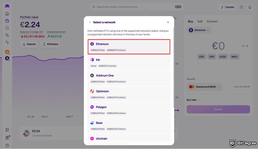How to transfer crypto from Kraken: select network on Kraken.