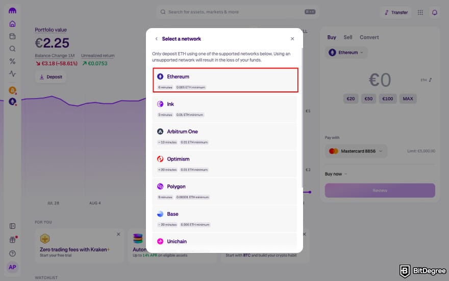 How to transfer crypto from Kraken: select the network on Kraken.