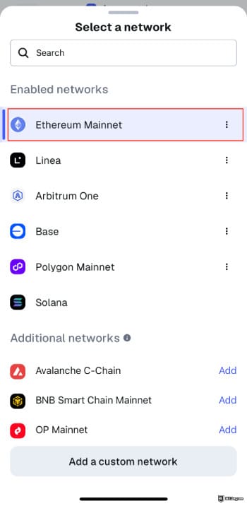 How to transfer crypto from Kraken: select the network on MetaMask.