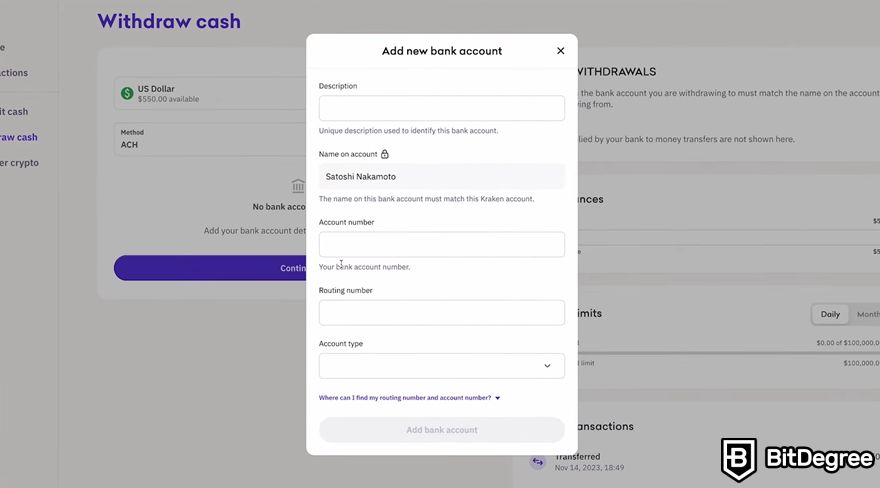 How to transfer crypto to bank account: Bank detail form on the Kraken dashboard.