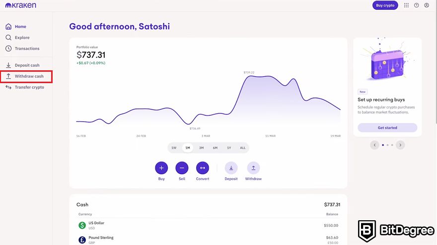 How to transfer crypto to bank account: Kraken's personal dashboard with a highlight on the Withdraw cash menu.