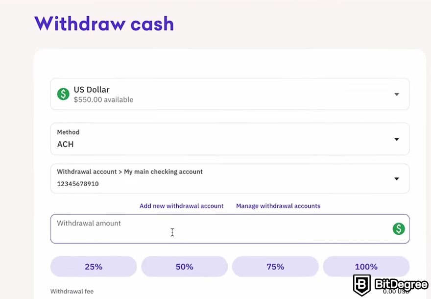 How to transfer crypto to bank account: The withdrawal amount section on the Kraken dashboard.