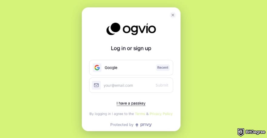 How to transfer crypto to bank account: Ogvio's sign up page.
