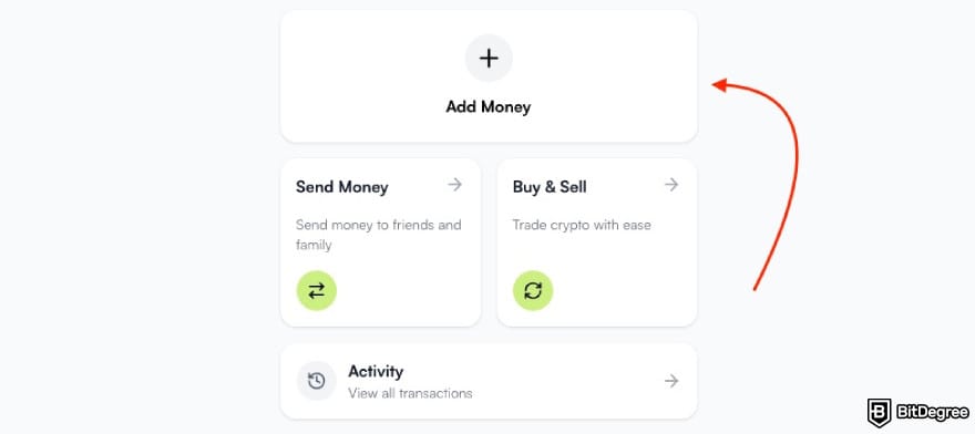 How to transfer crypto to bank account: a red arrow pointing to the [Add Money] button on Ogvio.