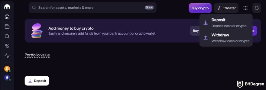 How to transfer crypto to bank account: Kraken's homepage with a dropout menu.