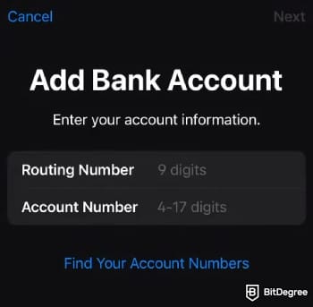 How to transfer money from Apple Pay to bank instantly: entering account information.
