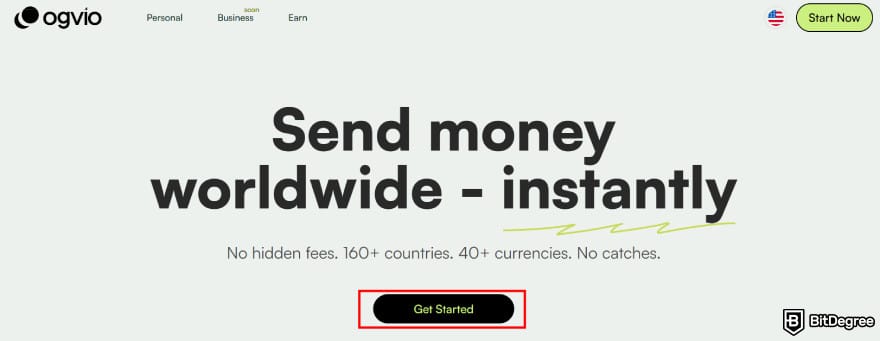 How to transfer money from Apple Pay to bank instantly: the [Get Started] button on Ogvio's homepage.