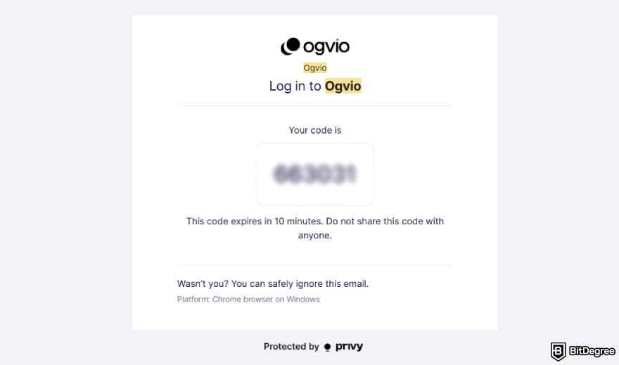 How to transfer money from Apple Pay to bank instantly: a sample of email verification code from Ogvio.