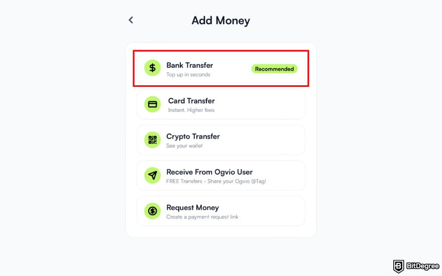 How to transfer money from bank account: choose [Bank Transfer] on Ogvio.