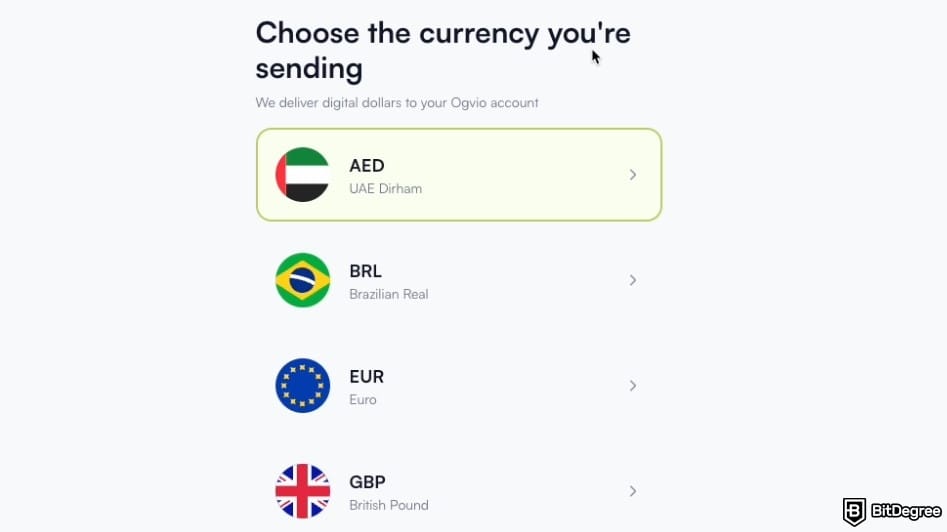 How to transfer money from bank account: select the currency on Ogvio.