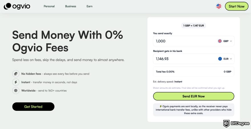 How to transfer money from bank account: a screenshot of the Ogvio fee calculator.