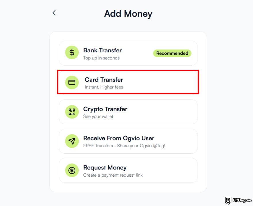 How to transfer money from Chime to bank account: selecting [Card Transfer] as an [Add Money] option on Ogvio.