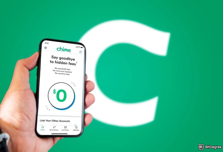 How to transfer money from Chime to bank account: Chime's mobile app preview in front of the Chime logo.