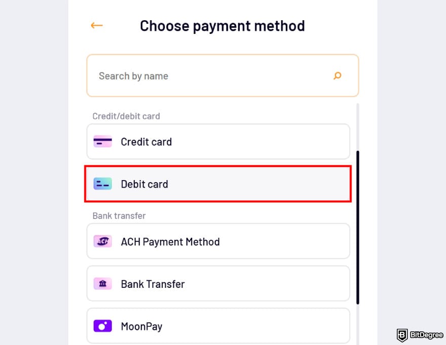 How to transfer money from Chime to bank account: choosing [Debit card] as the payment method.
