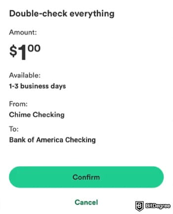 How to transfer money from Chime to bank account: previewing details before hitting [Confirm].