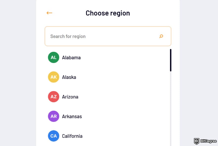 How to transfer money from Chime to bank account: selecting a US state.