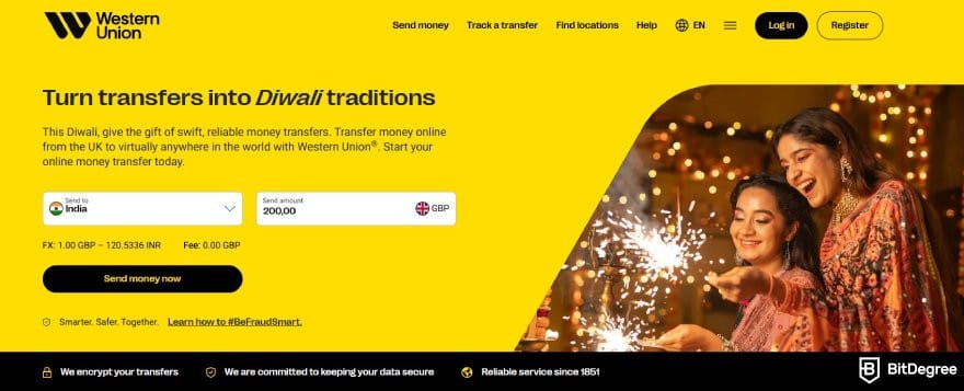 How to transfer money from one bank to another: Western Union homepage.