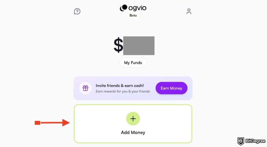 How to transfer money from Venmo to bank: an arrow pointing the [Add Money] button on Ogvio's dashboard.