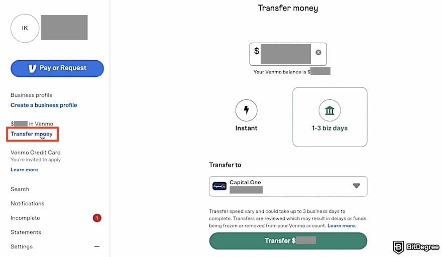 How to transfer money from Venmo to bank: Venmo's transfer page, with the [Transfer money] link outlined.