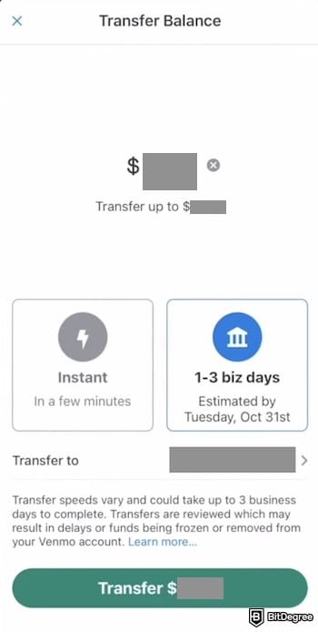 How to transfer money from Venmo to bank: Venmo's payment page, showing the amount field, transfer options, and the [Transfer] button to confirm.
