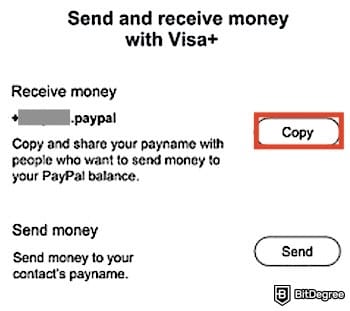 How to transfer money from Venmo to bank: the [Copy] button on PayPal's Visa+ page.