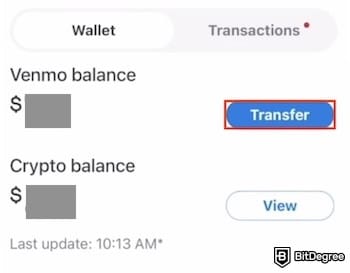 How to transfer money from Venmo to bank: the [Transfer] button on the Venmo app highlighted.