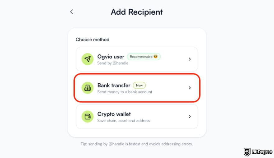 How to transfer USDC to bank account: add new recipient by clicking on the [Bank transfer] button on Ogvio.