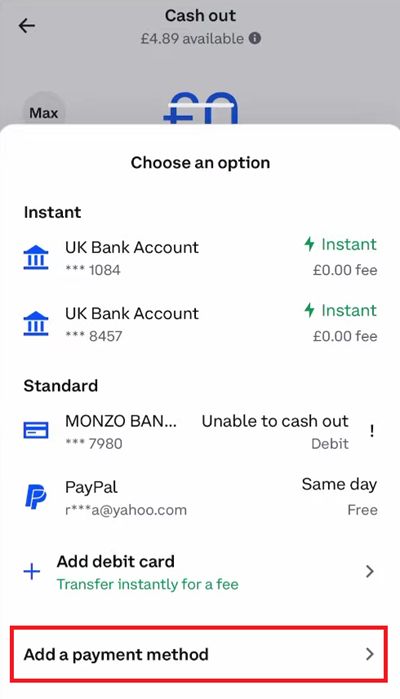 How to transfer USDC to bank account: adding a payment method on Coinbase app.