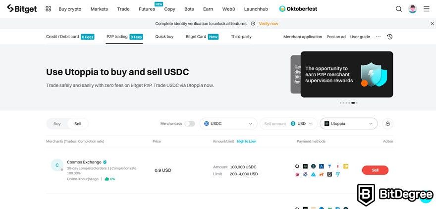 How to transfer USDC to bank account: partner list on the Bitget website.