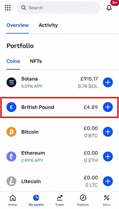 How to transfer USDC to bank account: the British Pound wallet on Coinbase app.