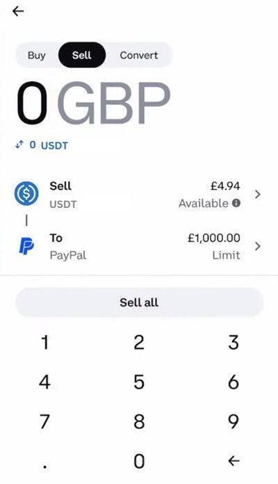 How to transfer USDC to bank account: USDT to GBP selling amount on Coinbase app.