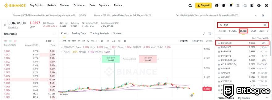 How to transfer USDC to bank account: EUR/USDC trading pair on the Binance Spot page.