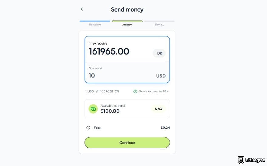 How to transfer USDC to bank account: picking the amount to transfer.