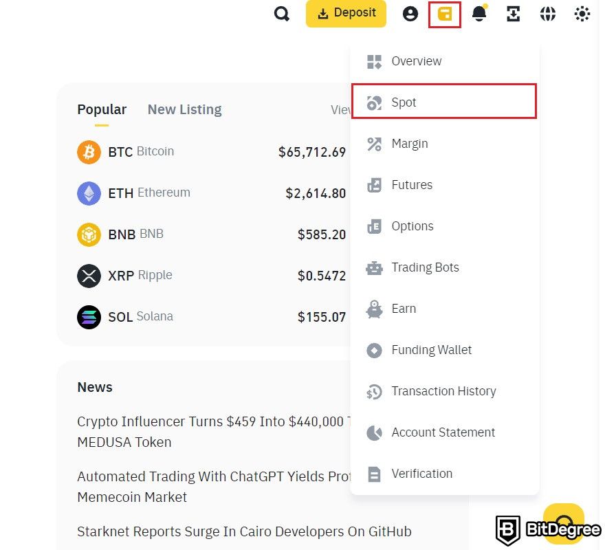 How to transfer USDC to bank account: locating the Spot wallet on Binance.