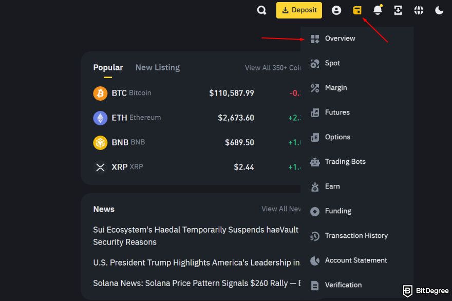 How to turn crypto into cash: a red arrow pointing to a pictogram and the option overview.