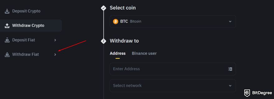 How to turn crypto into cash: a red arrow pointing to the withdraw fiat button.