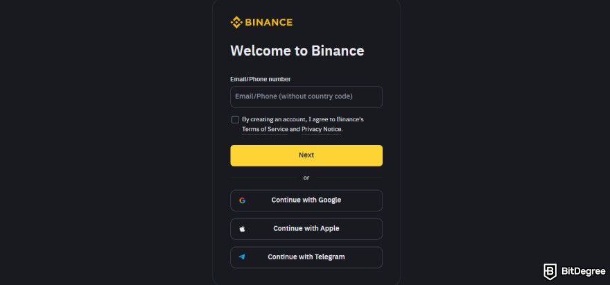 How to turn crypto into cash: Binance's sign up page.
