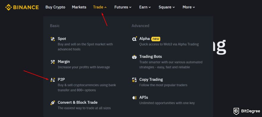 How to turn crypto into cash: red arrow pointing to the trade option and another to the p2p option.
