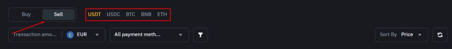 How to turn crypto into cash: a red arrow pointing to the sell button.