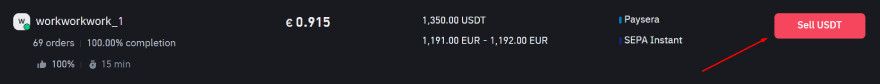 How to turn crypto into cash: a red arrow pointing to the sell USDT button.