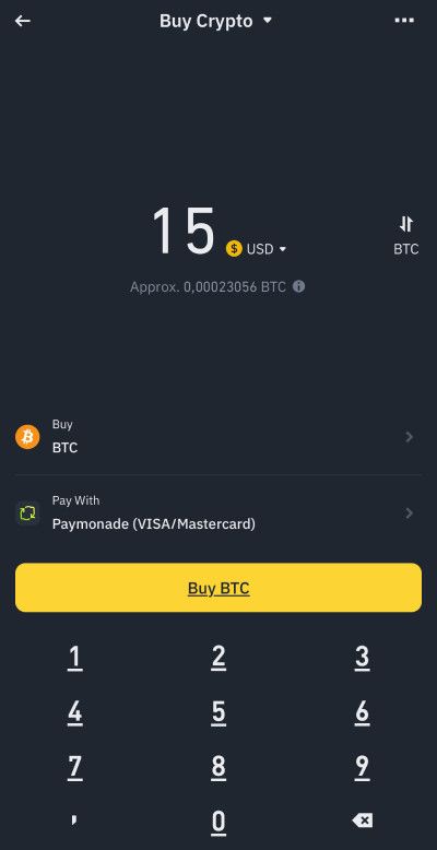 How to use Apple Pay on Binance: choosing the crypto for purchasing on the mobile app.